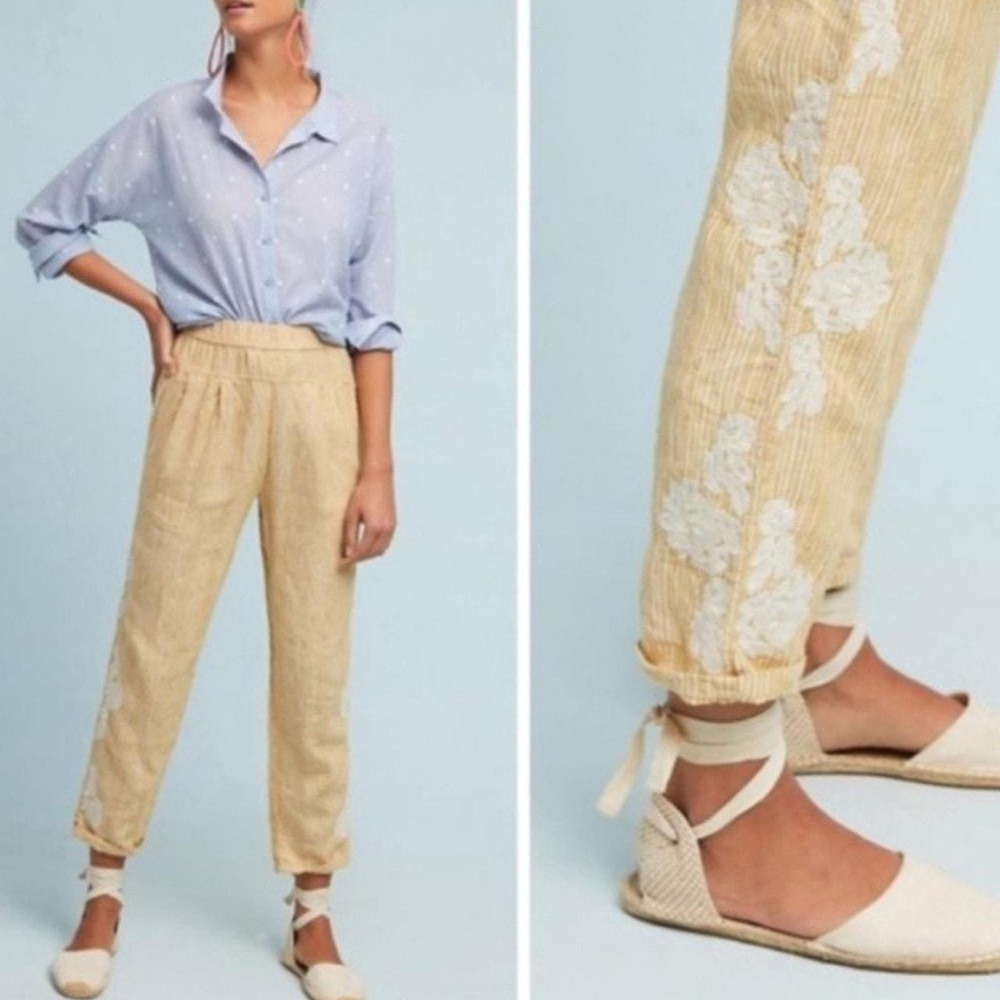 Anthropologie Striped Embroidered Linen Blend Tapered Pants Tan White M